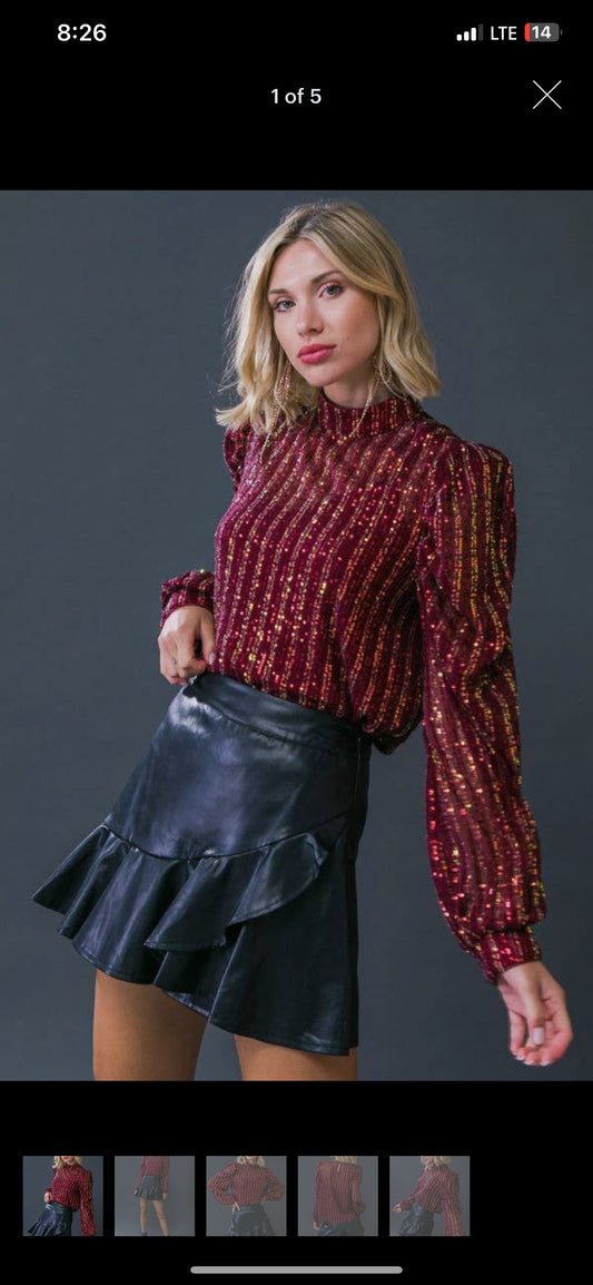Hailee Burgundy Long Sleeve Sequin Top