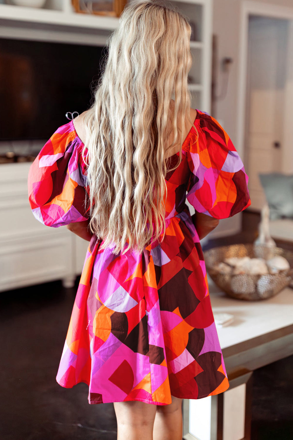 Ava Red Abstract Puff Sleeve Dress